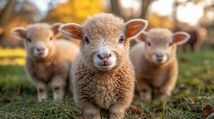 Naklejka premium Cute Lambs on a Farm in a Beautiful Natural Setting