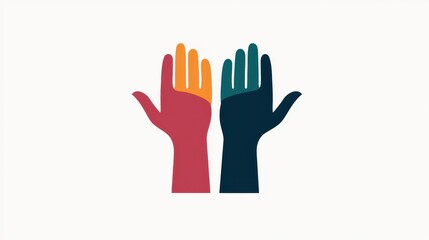 Obraz premium Two stylized hands in different colors, symbolizing diversity, inclusion, and unity, reaching upwards against a simple background.