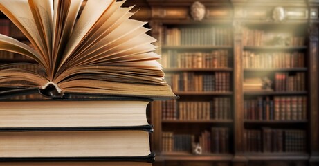 Books for reading on wooden table in library