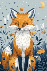Obraz premium A stylized illustration of a fox sitting among flowers and plants, set against a blue background.