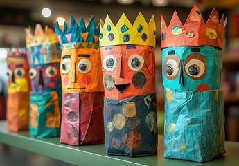 Fototapeta premium A row of colorful paper bag characters with cardboard crowns and expressive faces, each representing different cultural or historical figures, arranged on an olive green shelf.