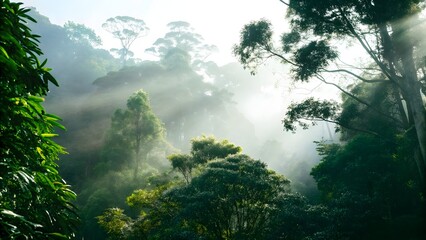 Fototapeta premium Lush tropical rainforest with misty atmosphere
