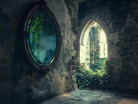 A mystical mirror hanging in an old castle