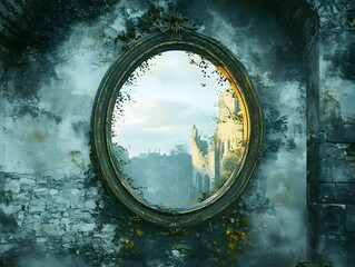 A mystical mirror hanging in an old castle
