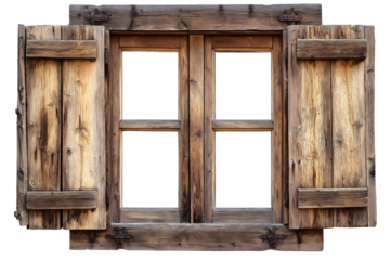 Rustic wooden window with shutters, isolated on a transparent background PNG 