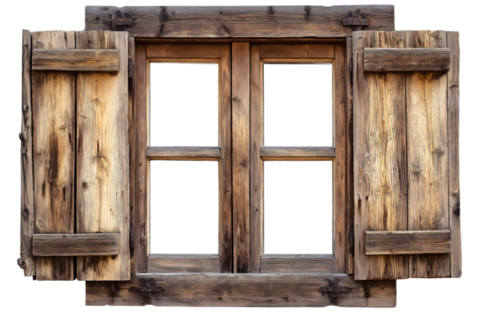 Rustic wooden window with shutters, isolated on a transparent background PNG 