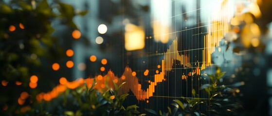 A digital graph intertwines with nature, displaying fluctuating data overlaid on lush green foliage, merging technology with organic forms.