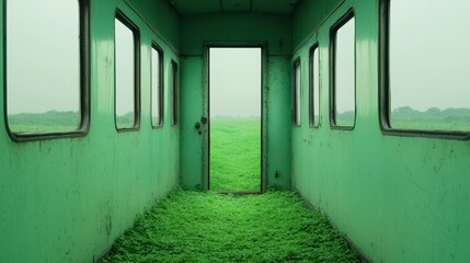 Obraz premium An abandoned green room opens to a vast field, blending nature with the remnants of human structure, evoking a sense of tranquility and solitude.