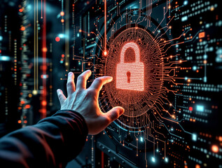 Hacker's hand reaching towards a vault of encrypted data, but being stopped by a firewall of holographic energy.