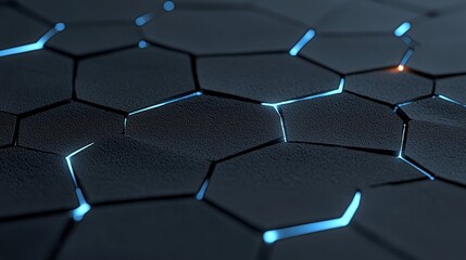 Obraz premium Abstract Close-up of Hexagonal Pattern with Blue Glowing Lines on Dark Surface