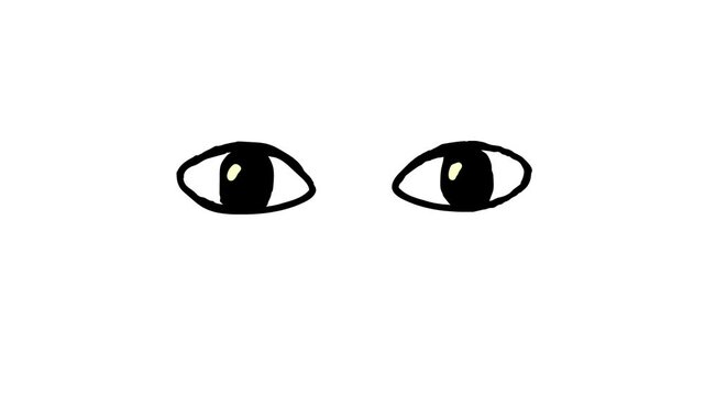 Cartoon eyes slowly glances sideways, to side animation. Hand drawn flat doodle moving eyes emoji part of face. Facial expression. Black outline, line art style frame by frame. Alpha channel 