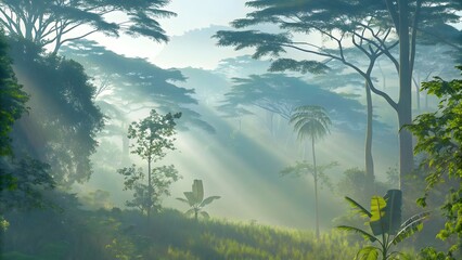 Lush tropical rainforest with misty atmosphere