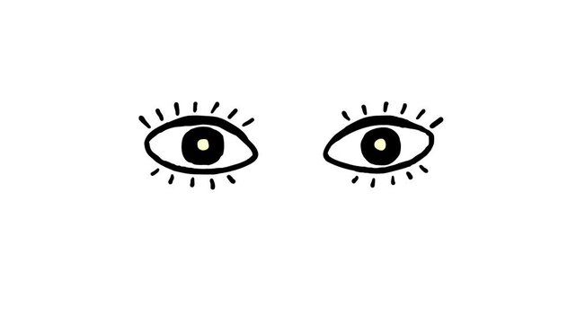 Cartoon eyes with eyelashes blink animation. Hand drawn flat doodle moving eyes emoji part of face. Facial expression. Black outline, line art style frame by frame. Alpha channel