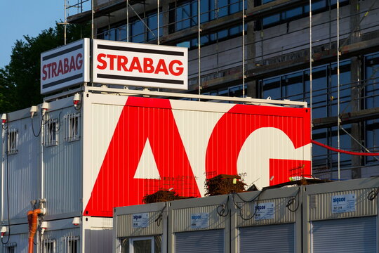 ZLIN, CZECH REPUBLIC - APRIL 29 2018: Strabag SE Austrian company logo on construction container on April 29, 2018 in Zlin, Czech Republic.