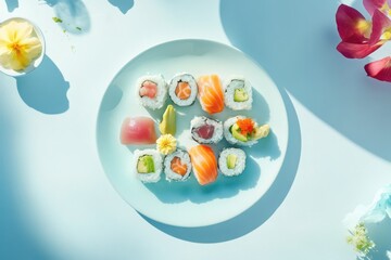 An artful arrangement of assorted sushi rolls on a pristine white plate, illuminated by soft light and floral accents.
