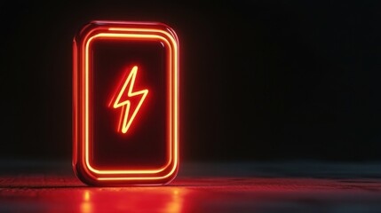 Red neon lightning bolt symbol in dark setting.