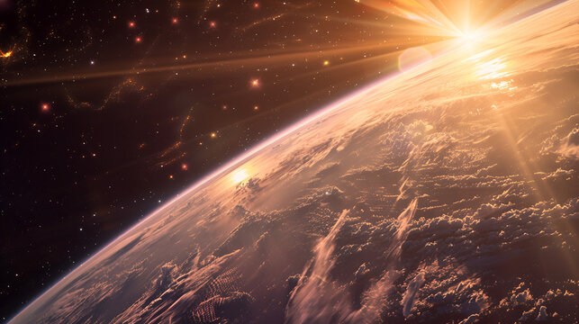 breathtaking sunrise over the Earth from space, with the planet glowing in the darkness of the universe.,
A perspective of Earth from space, sunrise at Earth's horizon
