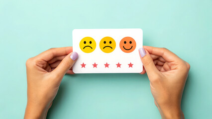 feedback survey response concept. Feedback card displaying smiley faces and star ratings held by hands.