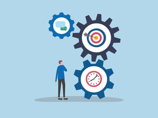 Key of successful in business concept. Skill development for career growth. Goal, experience and connection, businessman looking at workflow cogwheel gears.