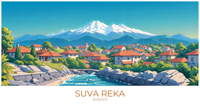 Suva reka Kosovo Travel Poster Flat Illustration Print Decor Gift Canvas Wall Art