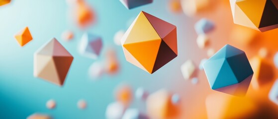 Geometric shapes in varied pastel colors float in a surreal space, creating a dreamy and abstract digital design concept.