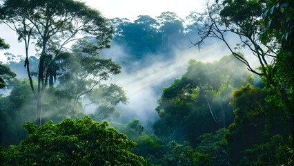 Lush tropical rainforest with misty atmosphere