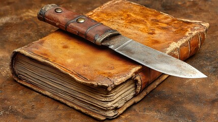 A kitchen knife resting on an open book for cooking enthusiasts and culinary arts