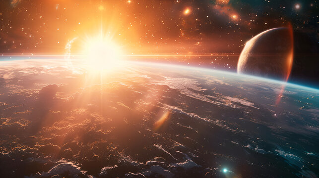 breathtaking sunrise over the Earth from space, with the planet glowing in the darkness of the universe.,
A perspective of Earth from space, sunrise at Earth's horizon
