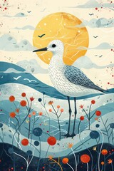 A stylized bird stands amidst colorful flowers and hills under a large sun.