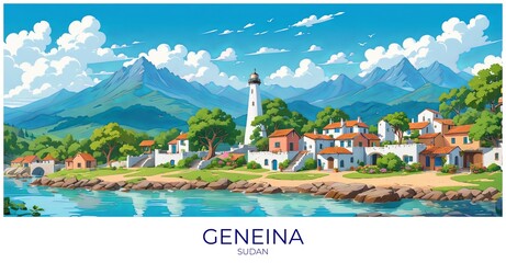 Geneina Sudan Travel Poster Flat Illustration Print Decor Gift Canvas Wall Art