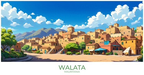 Obraz premium Walata Mauritania Travel Poster Flat Illustration Print Decor Gift Canvas Wall Art