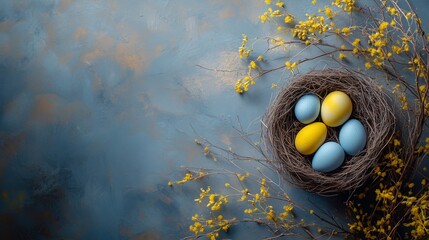 Easter background with yellow and blue eggs in nest on a happy ester background, spring bloosom around. Top view with copy space