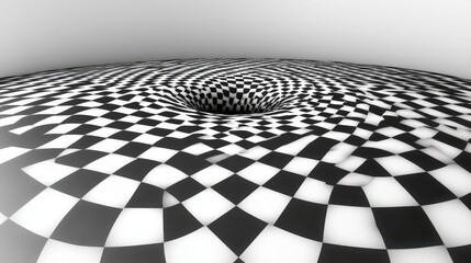 Naklejka premium Black and White Checkered Surface with a Circular Depression and Optical Illusion Effect
