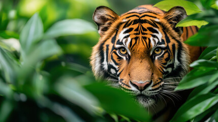 Fototapeta premium fierce tiger prowling through dense jungle foliage, showcasing its striking features and intense gaze