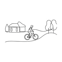 Oneline Cycling Illustration Rural Landscape, Biking, Peaceful Scene