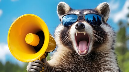 Raccoon Wearing Sunglasses and Holding Megaphone in Nature Scene