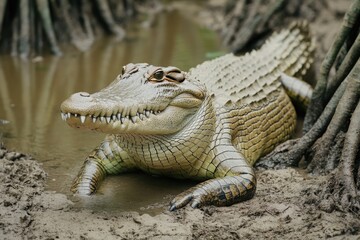 Obraz premium Sunlit crocodile rests on riverbank, showcasing textured scales