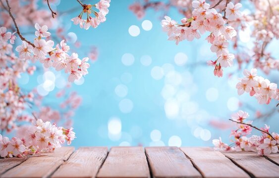 Cherry blossoms springtime wooden table background