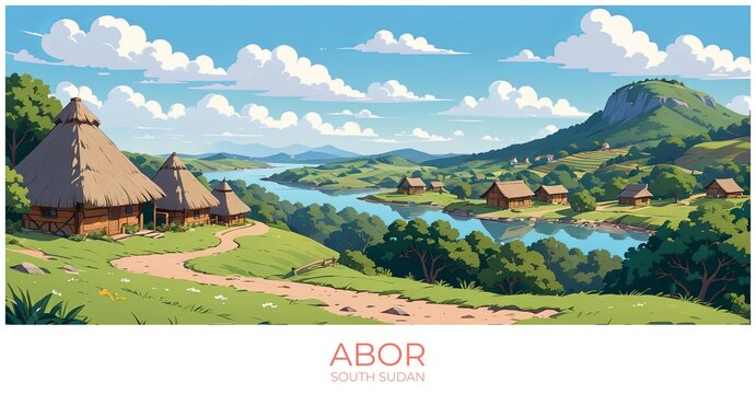 Abor South sudan Travel Poster Flat Illustration Print Decor Gift Canvas Wall Art