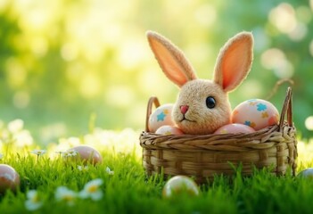 Cute bunny peeking out from a basket filled with colorful Easter eggs in a sunny meadow