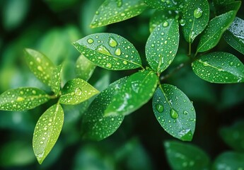 Fototapeta premium Close-up of green leaves with water droplets, a fresh and natural background.