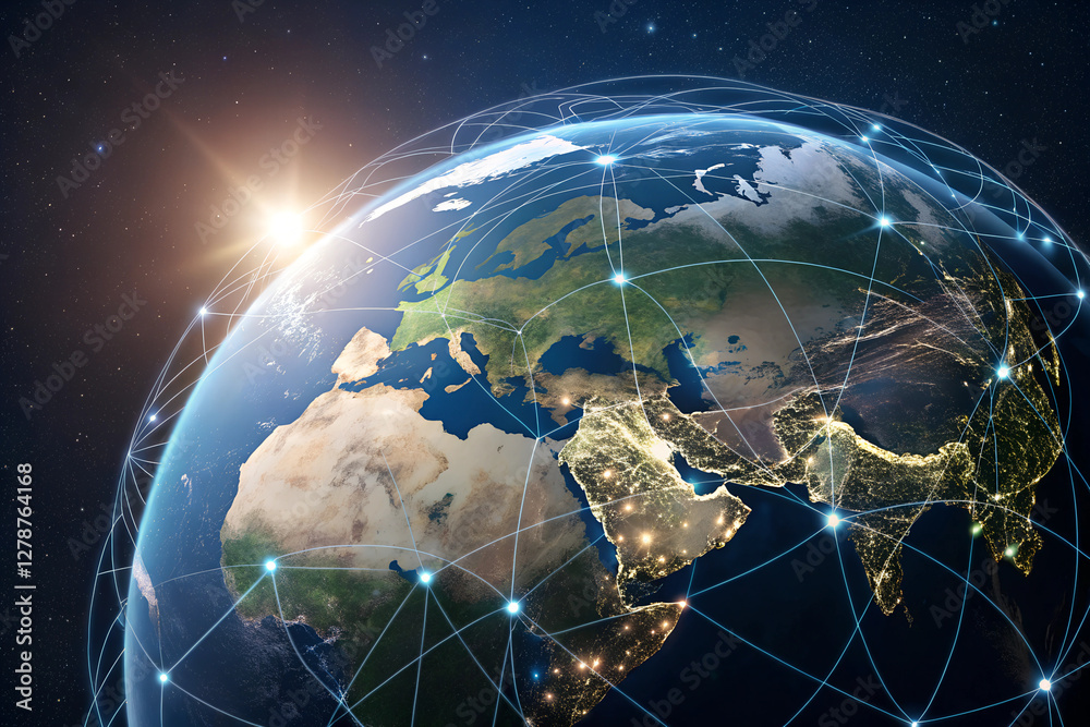 Wall mural digital globe with network connections representing global technology and communication