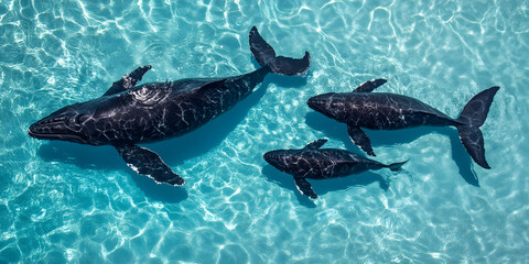 Whale Family Swimming, Oceanic Wildlife Scene, Aquatic Mammals in Clear Water, Marine Life Photography Print, Nature Image Art