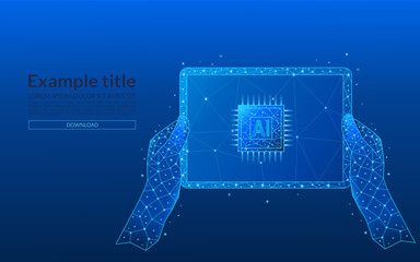 Hands holding smart tablet close-up. Abstract blue technology digital AI chip on tablet screen. AI technology concept. Processor with circuit lines and letters A and I