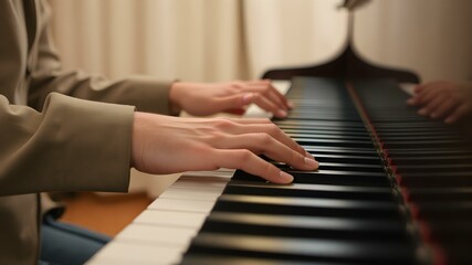 Obraz premium Melody in Motion: A pianist's hands gracefully dance across the keys, filling the room with a symphony of sound and emotion, the light warmly illuminating the scene.
