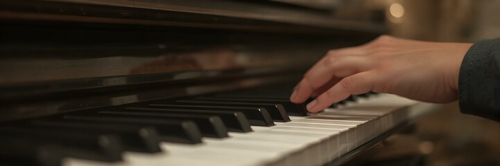 Fototapeta premium Melody in Motion: A hand gracefully dances across the ebony and ivory keys, as a pianist's fingers create a symphony of sound and emotion, highlighting the passion and artistry of musical performance.