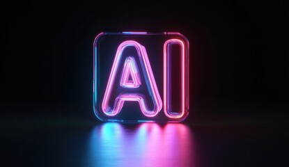 Front view and symmetric "AI" icon, glass material, neon light effect, white background, 3D rendering, isometric view, high-resolution photography,