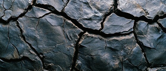 Fototapeta premium Dried, cracked dark earth with intricate fissures, emphasizing the stark beauty and compelling patterns of parched landscapes in natural light.