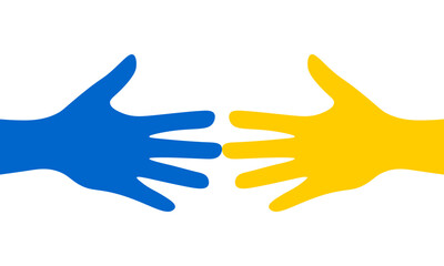Two blue and yellow hands reaching towards each other, isolated on a transparent background. Unity, cooperation and support for Ukraine. Flat vector illustration