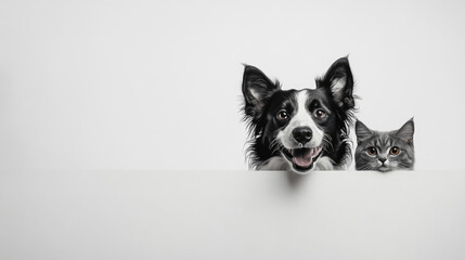 Happy border collie and curious cat peek over a white barrier against a minimalistic background. Generative AI